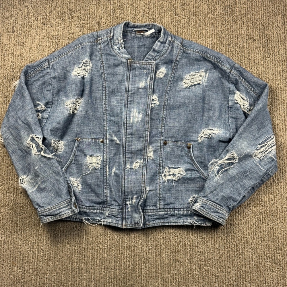 Free People Tattered Tennis Denim Bomber Jacket Womens S Distressed Denim